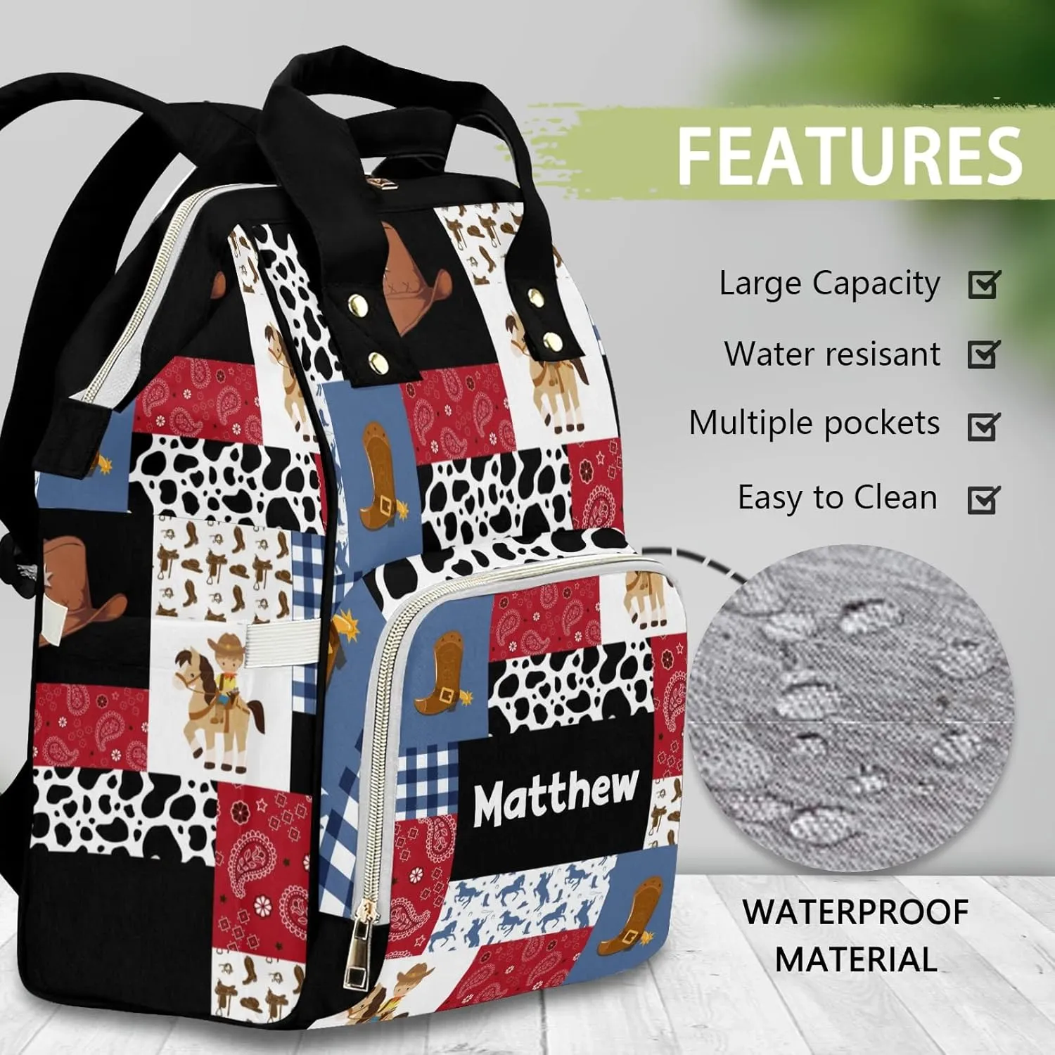Personalized Diaper Bag Backpack Tote,Cowboy Red Blue Quilt, Custom Diaper Bags for Shower Gift 10.83"x6.69"x15"