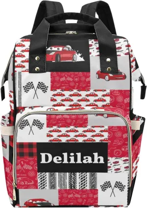 Personalized Diaper Bag Backpack Tote,Red Race Car Quilt, Custom Diaper Bags for Shower Gift