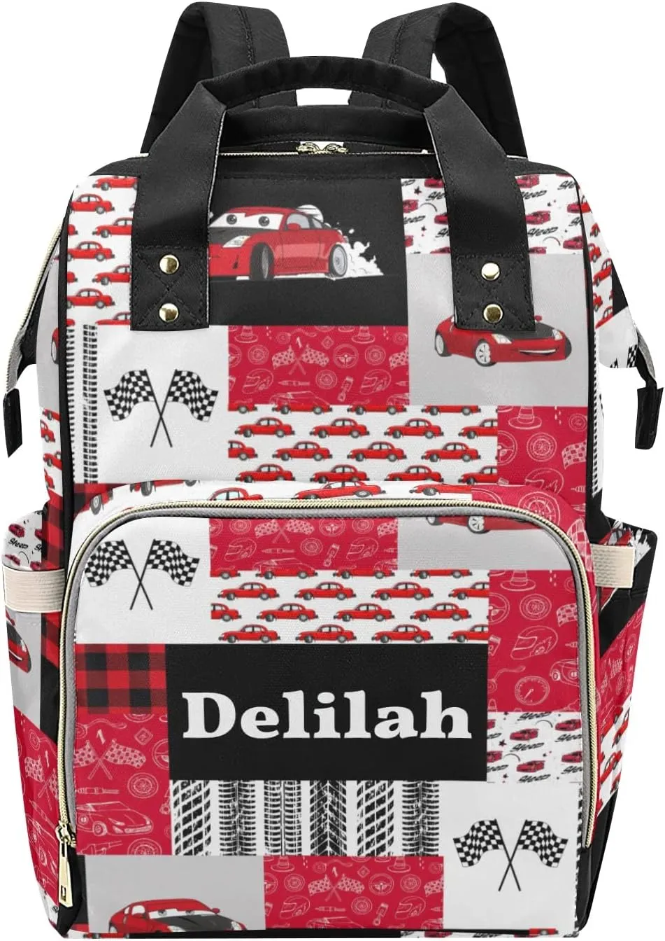 Personalized Diaper Bag Backpack Tote,Red Race Car Quilt, Custom Diaper Bags for Shower Gift