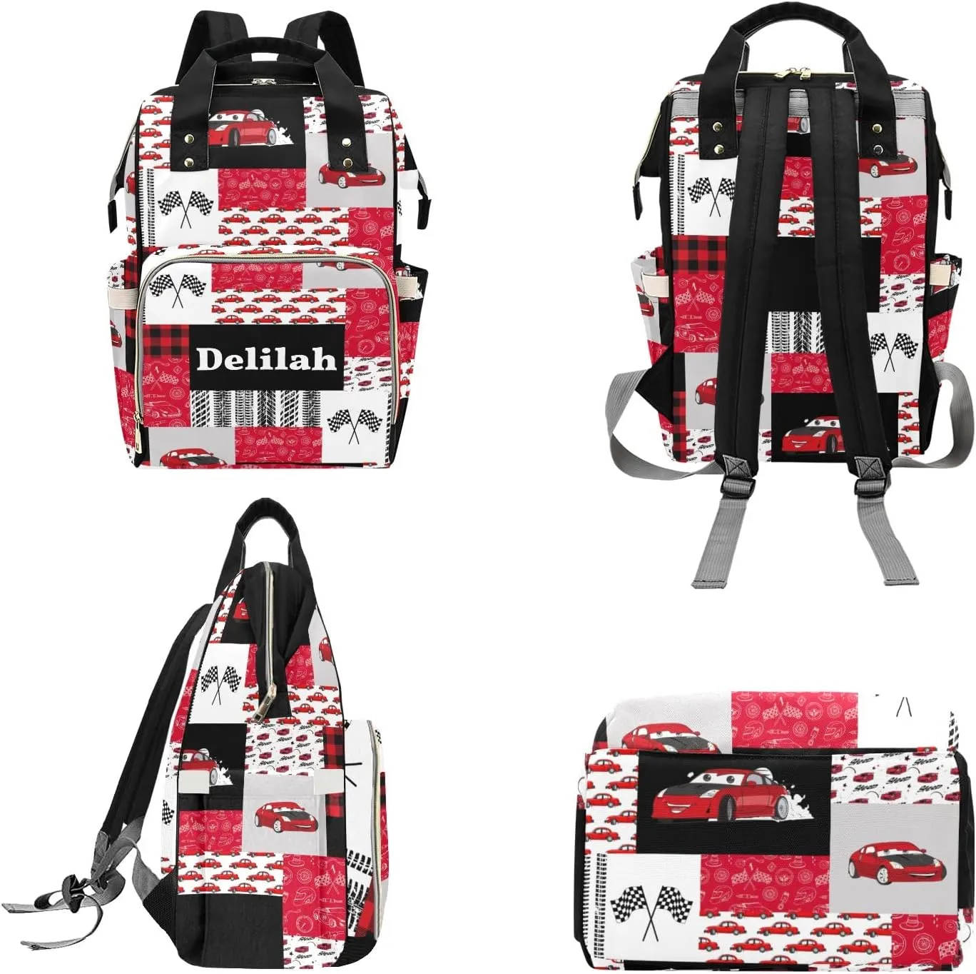Personalized Diaper Bag Backpack Tote,Red Race Car Quilt, Custom Diaper Bags for Shower Gift