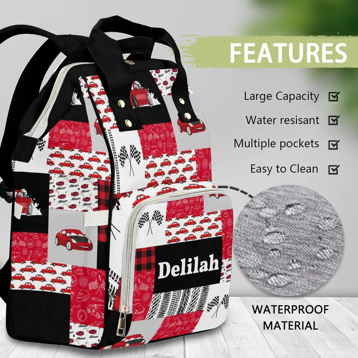 Personalized Diaper Bag Backpack Tote,Red Race Car Quilt, Custom Diaper Bags for Shower Gift