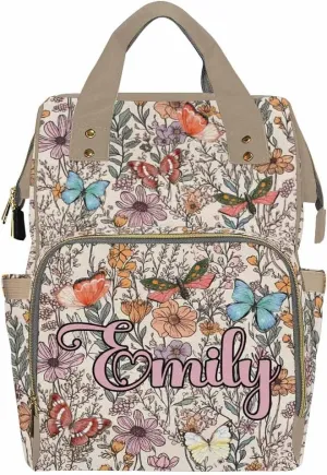 Personalized Diaper Bag Backpack with Name Custom Baby Bag for Girls Boys Butterfly Floral Maternity Mommy Travel Bag Monogram Nappy Backpack with Thermal Pockets for Adults Kids Waterproof Daypack