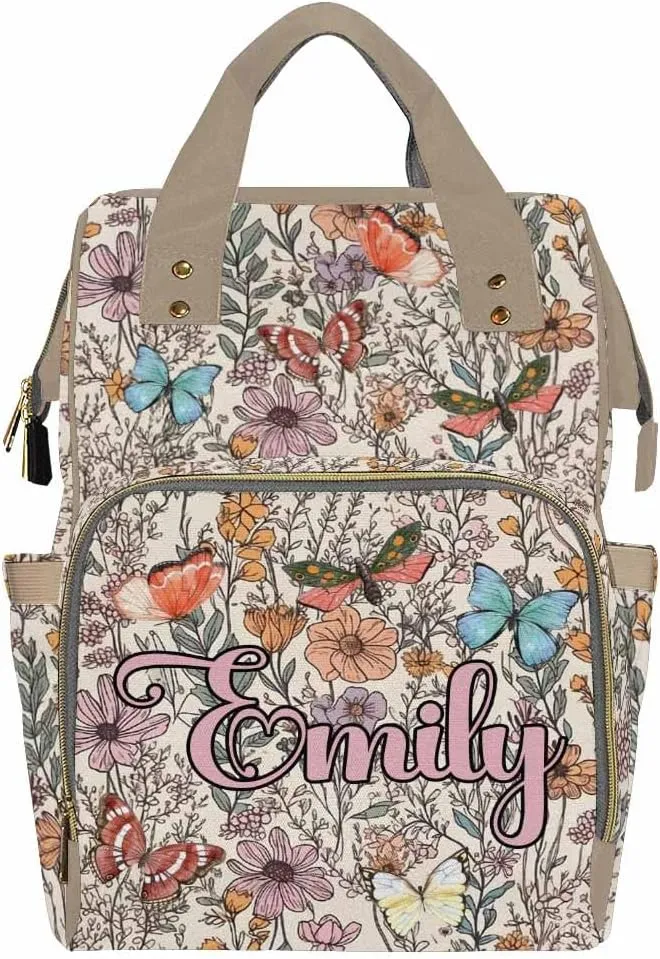 Personalized Diaper Bag Backpack with Name Custom Baby Bag for Girls Boys Butterfly Floral Maternity Mommy Travel Bag Monogram Nappy Backpack with Thermal Pockets for Adults Kids Waterproof Daypack