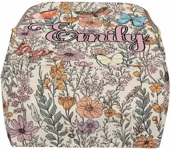 Personalized Diaper Bag Backpack with Name Custom Baby Bag for Girls Boys Butterfly Floral Maternity Mommy Travel Bag Monogram Nappy Backpack with Thermal Pockets for Adults Kids Waterproof Daypack
