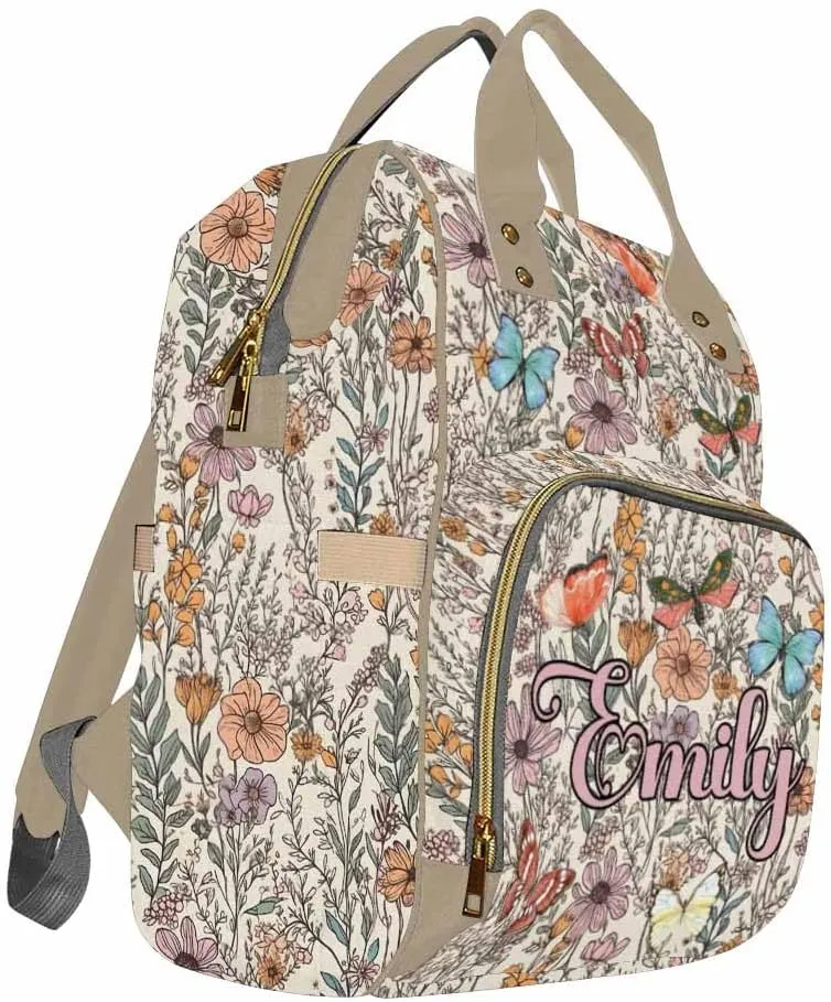Personalized Diaper Bag Backpack with Name Custom Baby Bag for Girls Boys Butterfly Floral Maternity Mommy Travel Bag Monogram Nappy Backpack with Thermal Pockets for Adults Kids Waterproof Daypack