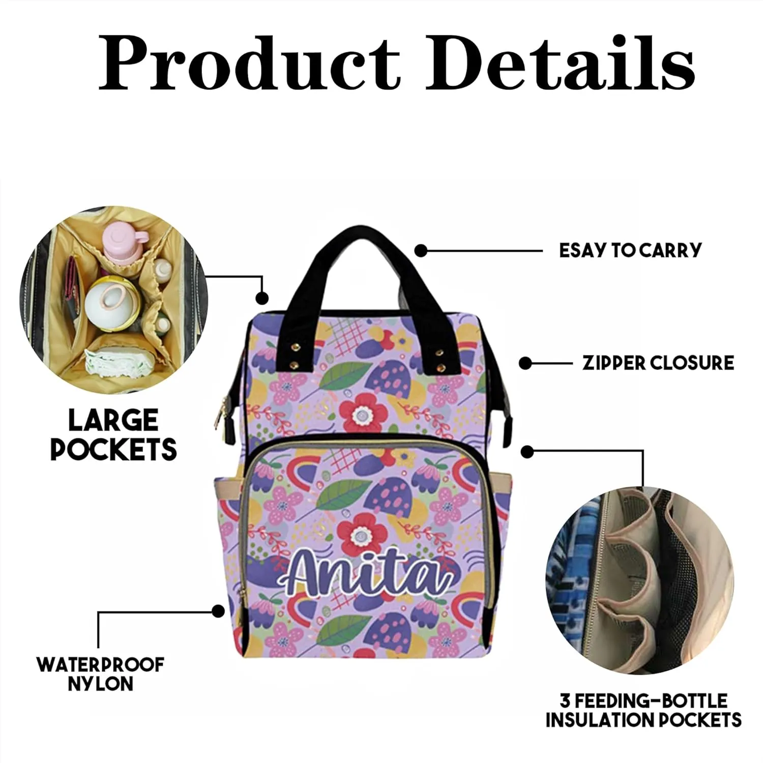 Personalized Diaper Bag Backpack with Name for Baby Girls, Custom Name Baby Bag Nursing Nappy Bag Travel Tote Bag Handbag Shoulder Bag Gifts for Mom Girl, Customized Kids Schoolbag, Baby Shower Gifts
