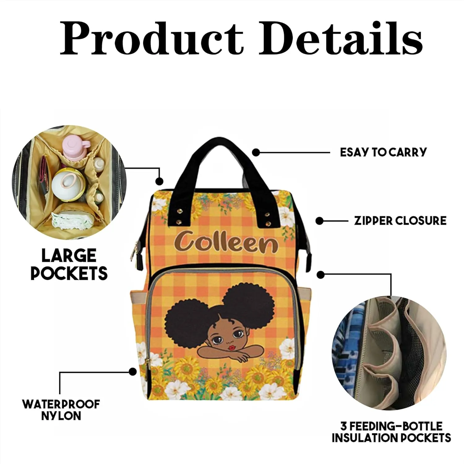 Personalized Diaper Bag Backpack with Name for Baby Girls, Custom Name Baby Bag Nursing Nappy Bag Travel Tote Bag Handbag Shoulder Bag Gifts for Mom Girl, Customized Kids Schoolbag, Baby Shower Gifts