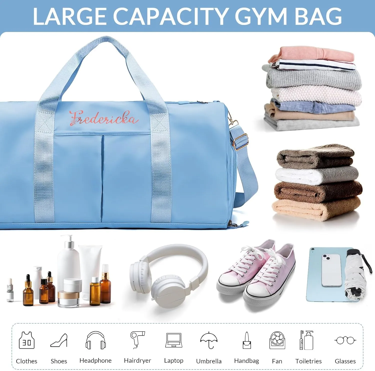 Personalized Duffle Bag, Custom Name Sports Gym Bag with Shoe Compartment&Dry Pockets,Waterproof Weekender Bags for Women and Men,Swim Dance Gym Travel Bag, Gifts for Groomsman,Bridesmaid