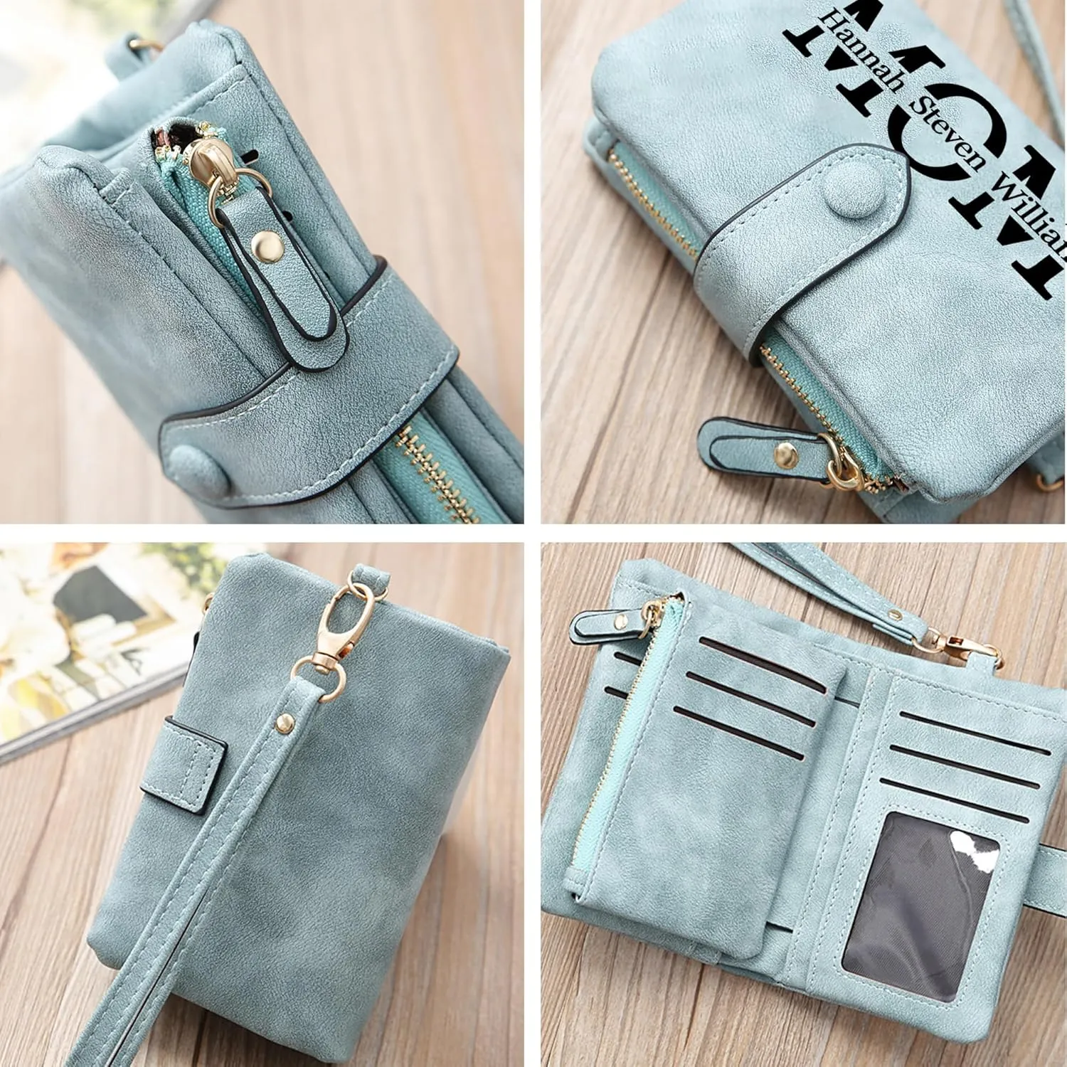 Personalized Gifts for Mom - Custom Womens Wallet with Names, Gifts for Mothers Day Mom Birthday - Customized Ladies Wristlet Wallet Coin Purse Bifold Cards Holder, Army Green