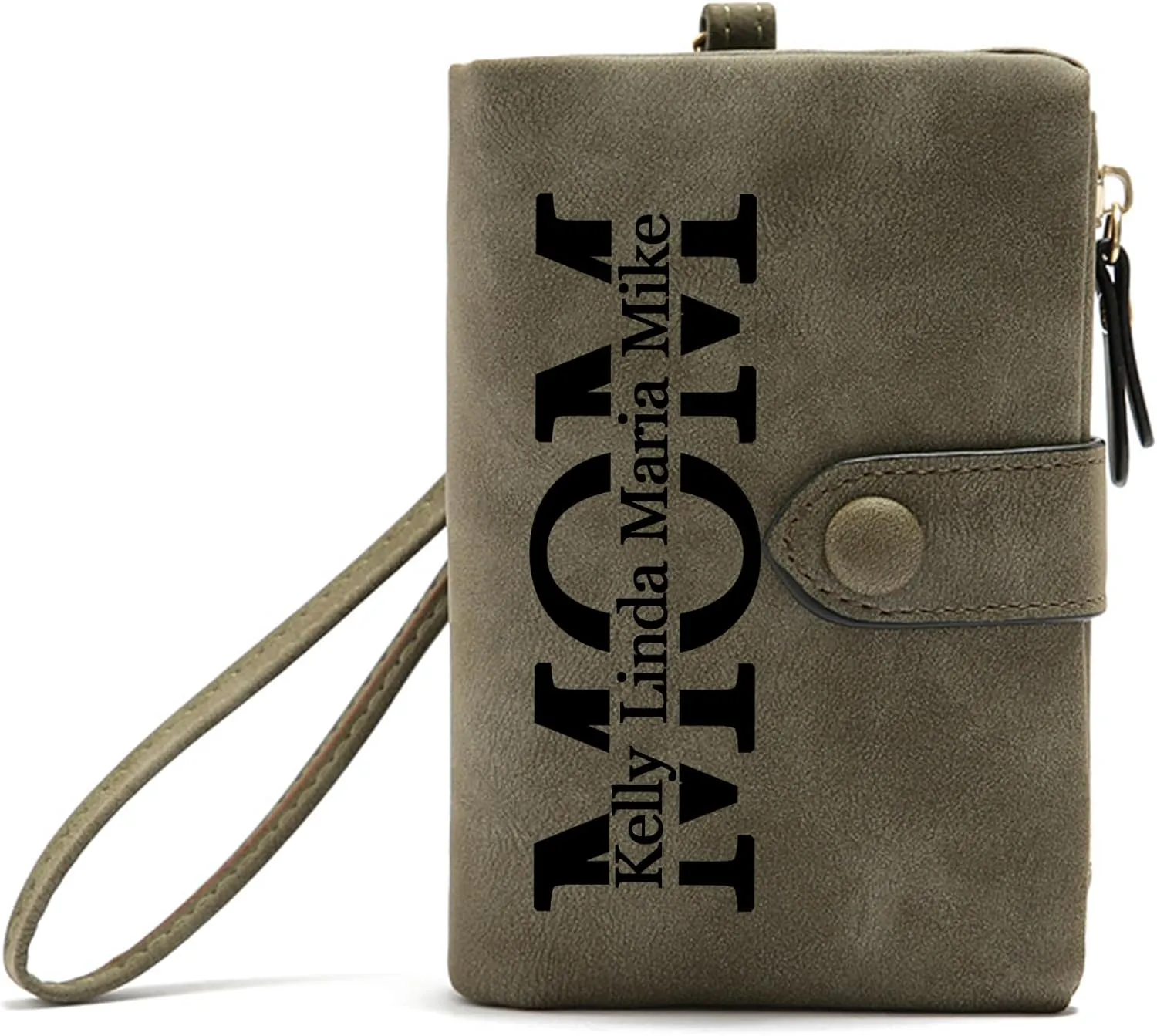 Personalized Gifts for Mom - Custom Womens Wallet with Names, Gifts for Mothers Day Mom Birthday - Customized Ladies Wristlet Wallet Coin Purse Bifold Cards Holder, Army Green