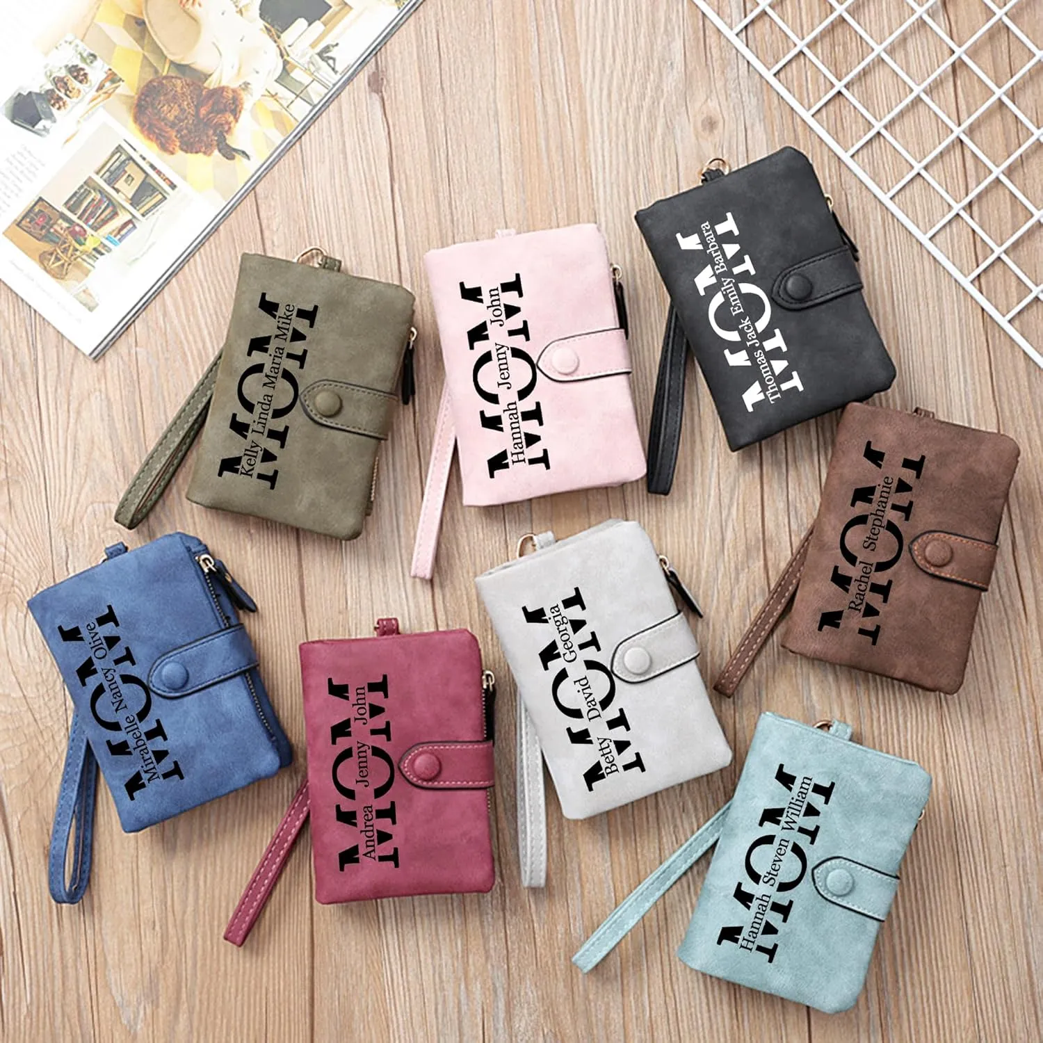 Personalized Gifts for Mom - Custom Womens Wallet with Names, Gifts for Mothers Day Mom Birthday - Customized Ladies Wristlet Wallet Coin Purse Bifold Cards Holder, Army Green