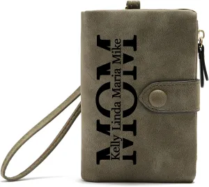 Personalized Gifts for Mom - Custom Womens Wallet with Names, Gifts for Mothers Day Mom Birthday - Customized Ladies Wristlet Wallet Coin Purse Bifold Cards Holder, Army Green