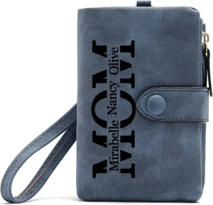 Personalized Gifts for Mom - Custom Womens Wallet with Names, Gifts for Mothers Day Mom Birthday - Customized Ladies Wristlet Wallet Coin Purse Bifold Cards Holder, Blue