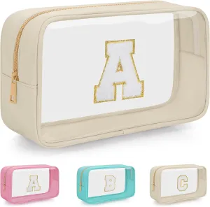 Personalized Initial Letter Clear Makeup Bag, Travel Chenille Patch Cosmetic Bag, Waterproof Toiletry Bag with Zipper for Teen Girls Women (Beige, A)