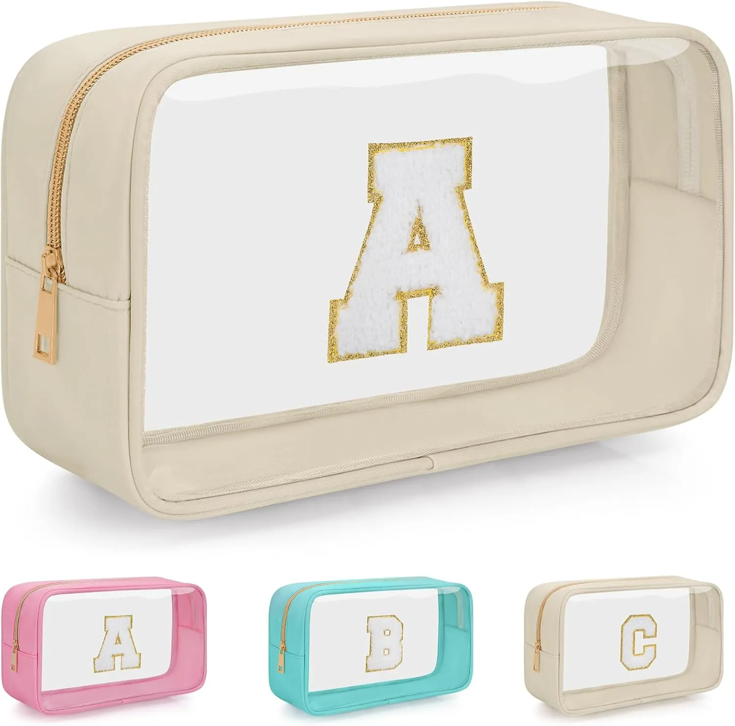 Personalized Initial Letter Clear Makeup Bag, Travel Chenille Patch Cosmetic Bag, Waterproof Toiletry Bag with Zipper for Teen Girls Women (Beige, A)