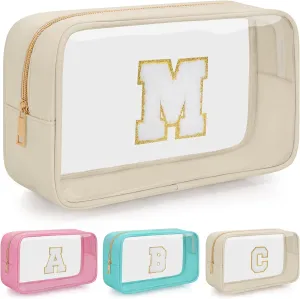 Personalized Initial Letter Clear Makeup Bag, Travel Chenille Patch Cosmetic Bag, Waterproof Toiletry Bag with Zipper for Teen Girls Women (Beige, M)