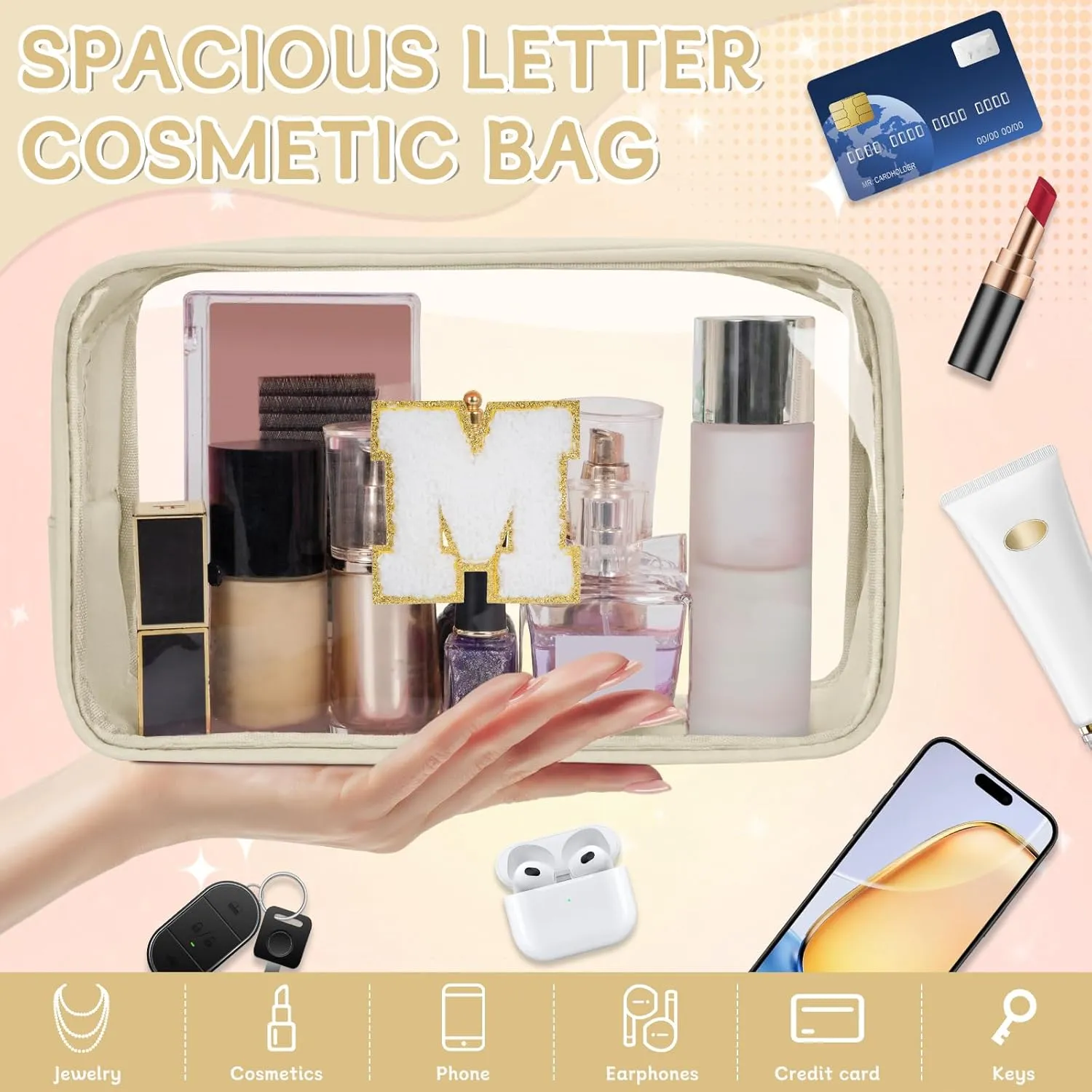 Personalized Initial Letter Clear Makeup Bag, Travel Chenille Patch Cosmetic Bag, Waterproof Toiletry Bag with Zipper for Teen Girls Women (Beige, M)