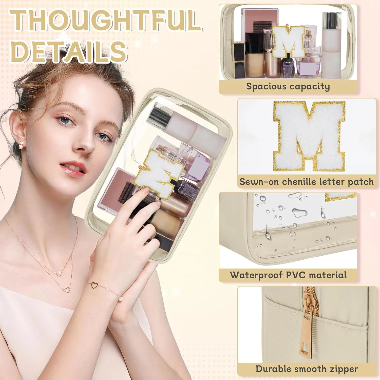Personalized Initial Letter Clear Makeup Bag, Travel Chenille Patch Cosmetic Bag, Waterproof Toiletry Bag with Zipper for Teen Girls Women (Beige, M)