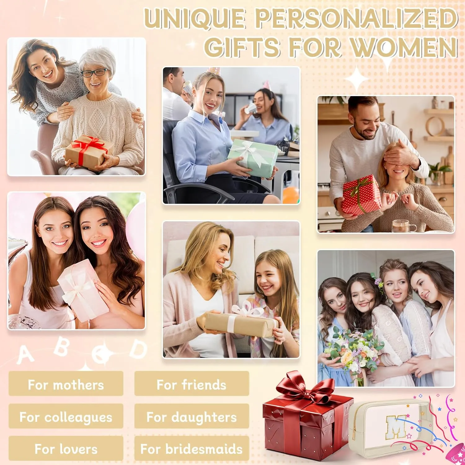 Personalized Initial Letter Clear Makeup Bag, Travel Chenille Patch Cosmetic Bag, Waterproof Toiletry Bag with Zipper for Teen Girls Women (Beige, M)