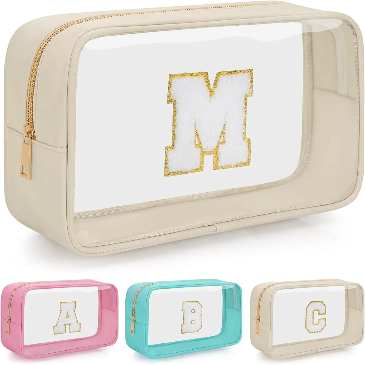 Personalized Initial Letter Clear Makeup Bag, Travel Chenille Patch Cosmetic Bag, Waterproof Toiletry Bag with Zipper for Teen Girls Women (Beige, M)