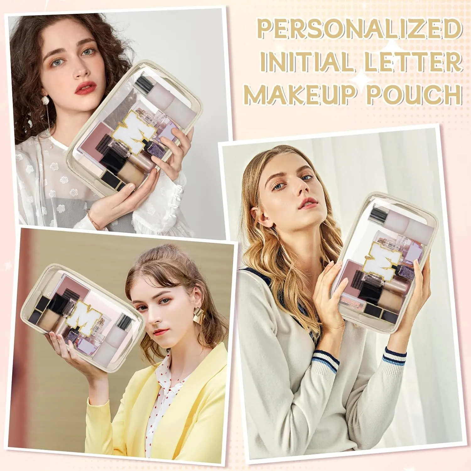 Personalized Initial Letter Clear Makeup Bag, Travel Chenille Patch Cosmetic Bag, Waterproof Toiletry Bag with Zipper for Teen Girls Women (Beige, M)