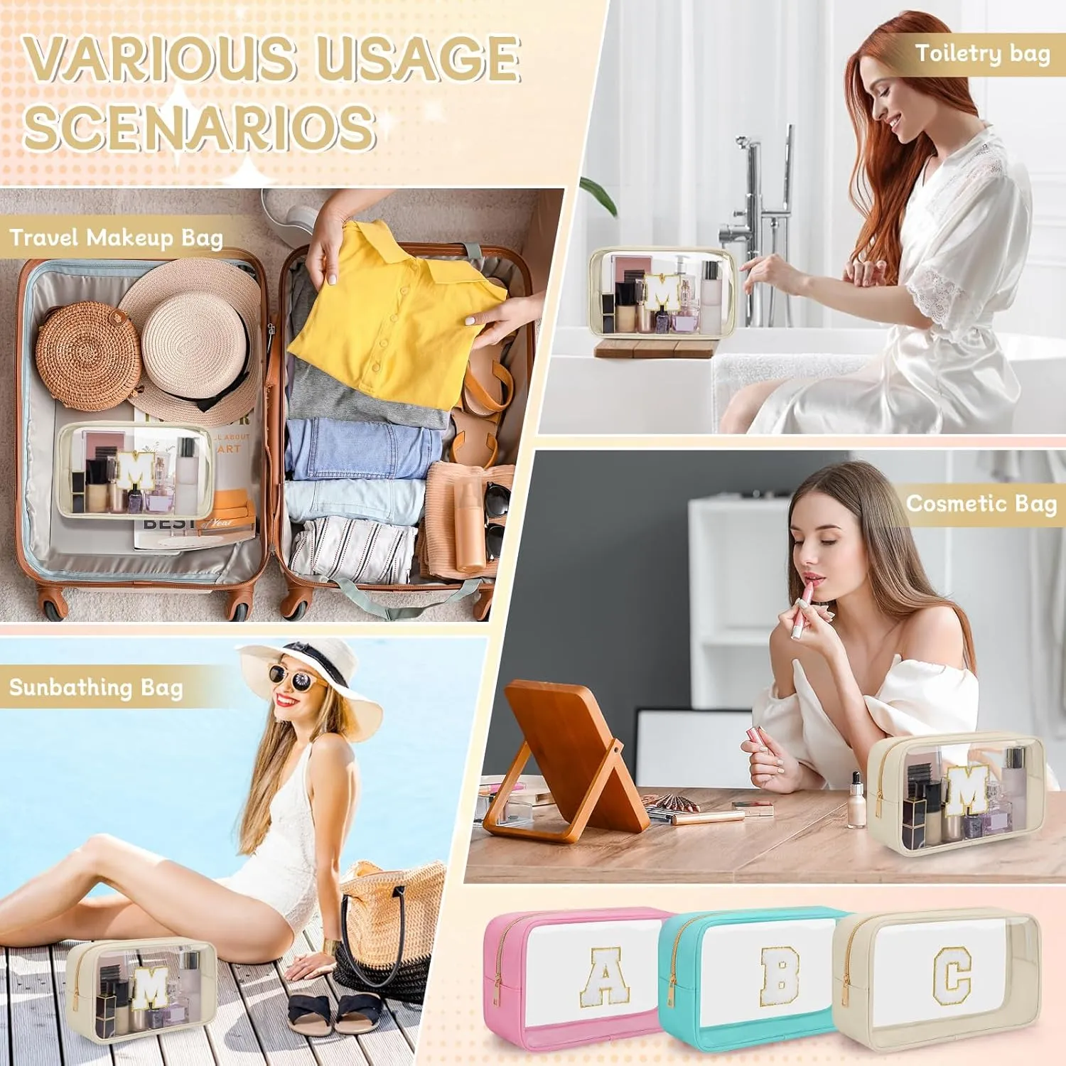 Personalized Initial Letter Clear Makeup Bag, Travel Chenille Patch Cosmetic Bag, Waterproof Toiletry Bag with Zipper for Teen Girls Women (Beige, M)