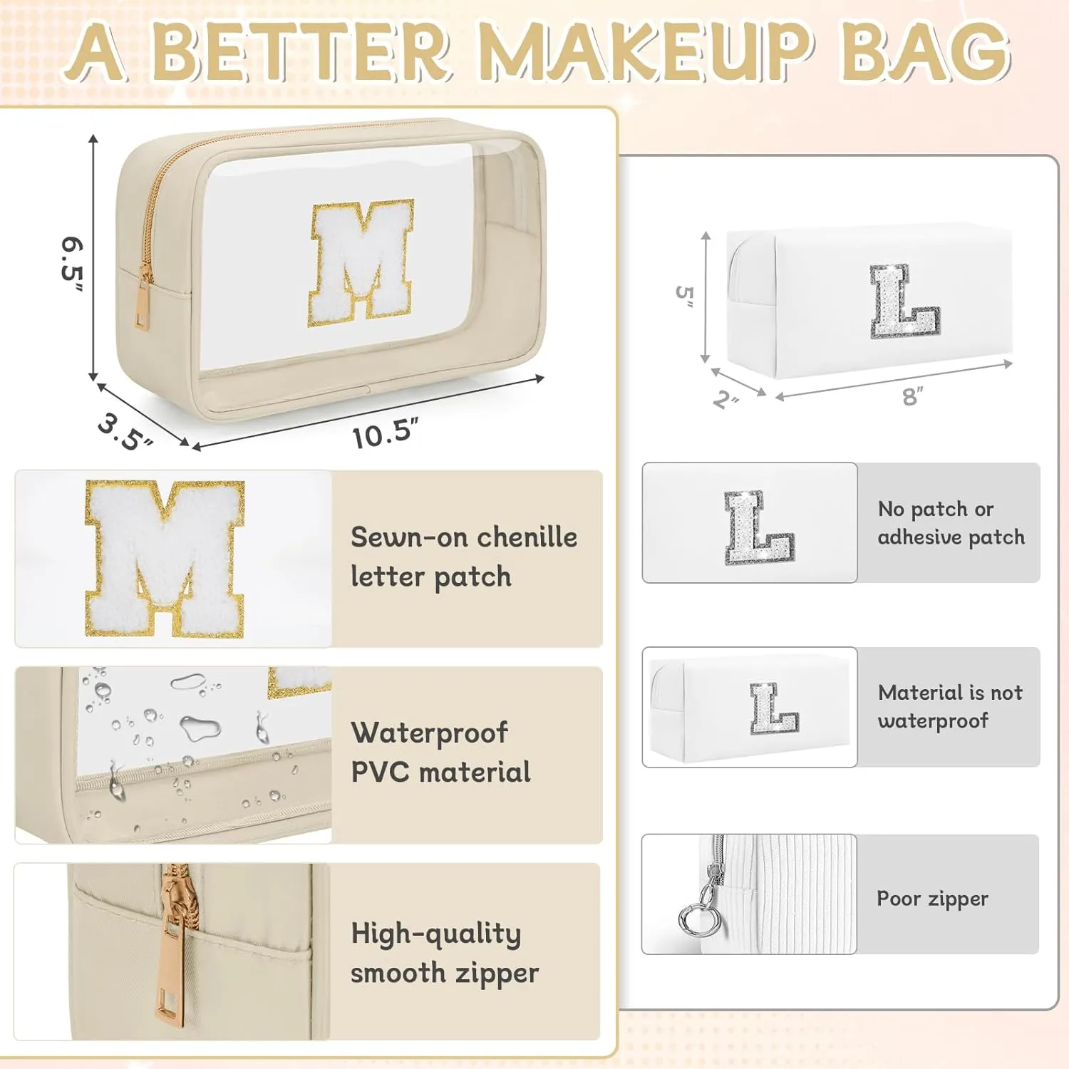Personalized Initial Letter Clear Makeup Bag, Travel Chenille Patch Cosmetic Bag, Waterproof Toiletry Bag with Zipper for Teen Girls Women (Beige, M)