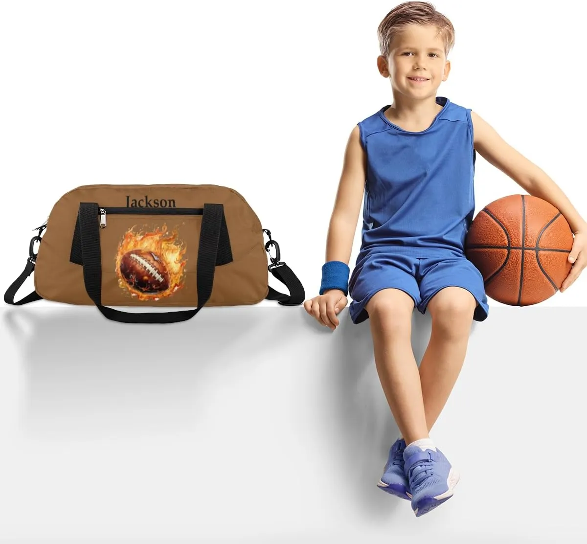 Personalized Kids Duffel Bags for Boys Personalized Sport Gym Bag Customized Overnight Duffel Bag for Weekender Fire American Football