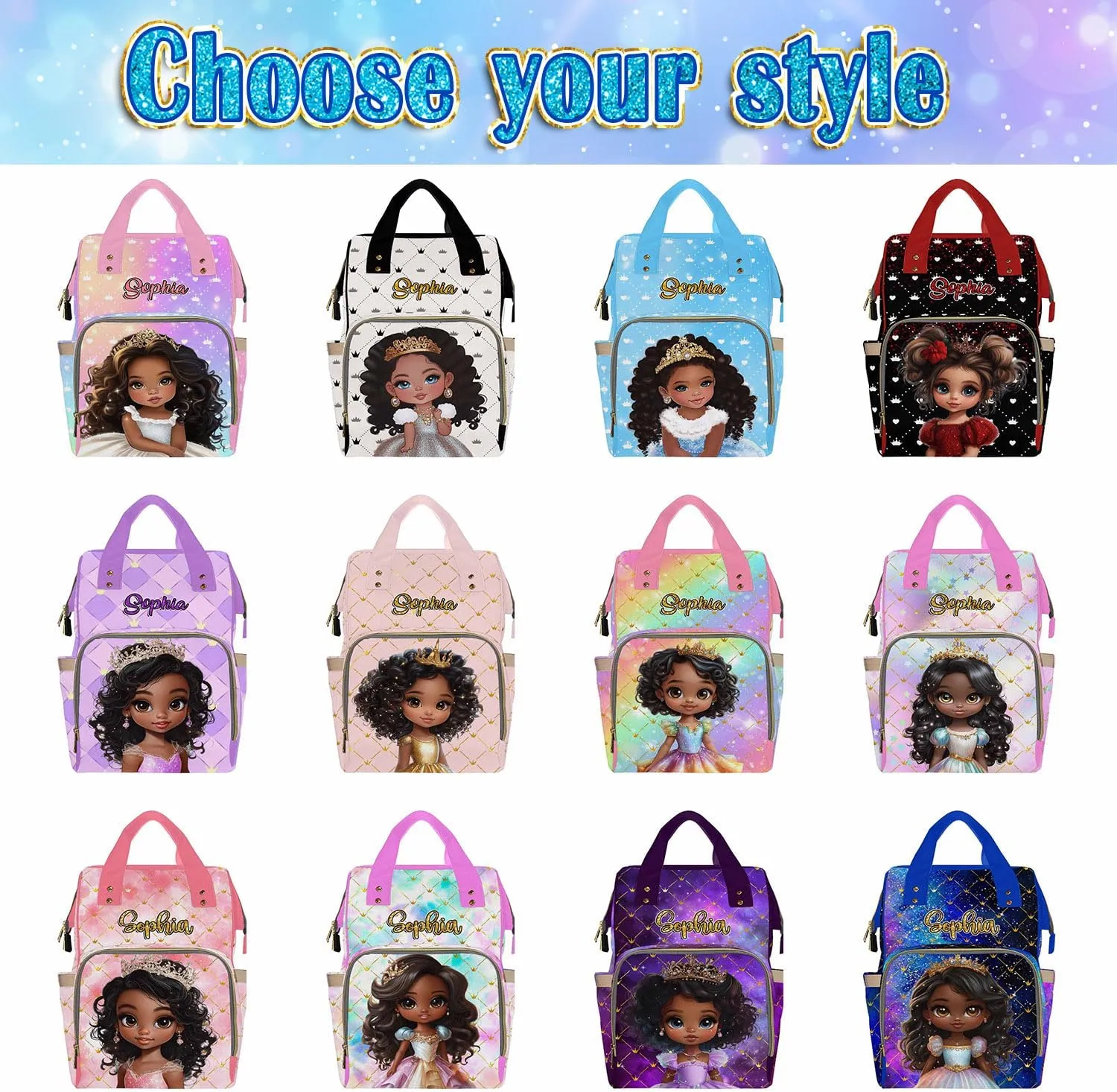 Personalized Large Capacity Diaper Bags Africa Princess Blue Custom Name Backpack Casual Daypack Bag Nappy Bag Gifts