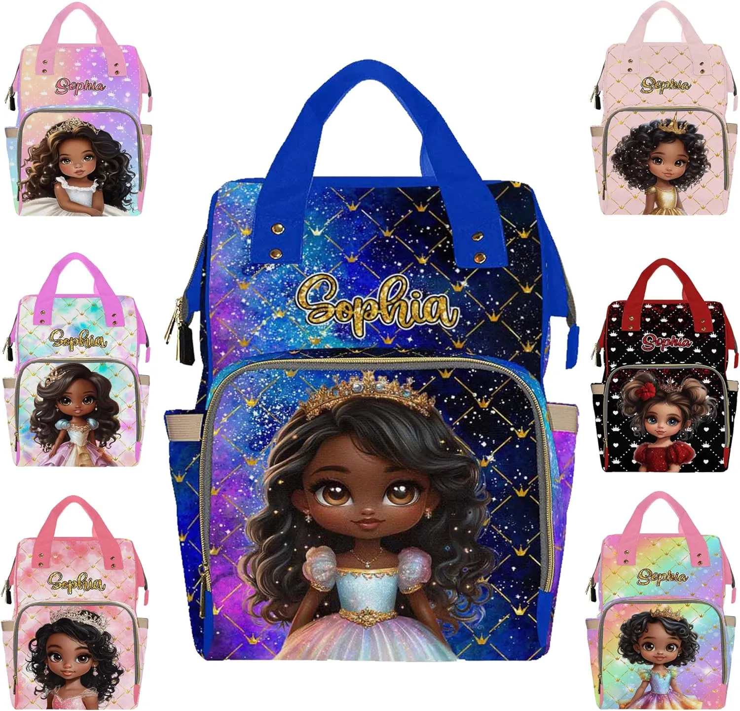 Personalized Large Capacity Diaper Bags Africa Princess Blue Custom Name Backpack Casual Daypack Bag Nappy Bag Gifts