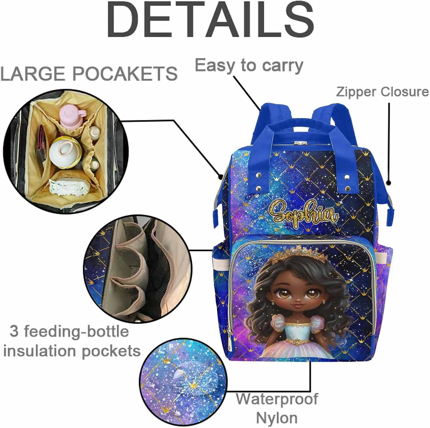 Personalized Large Capacity Diaper Bags Africa Princess Blue Custom Name Backpack Casual Daypack Bag Nappy Bag Gifts