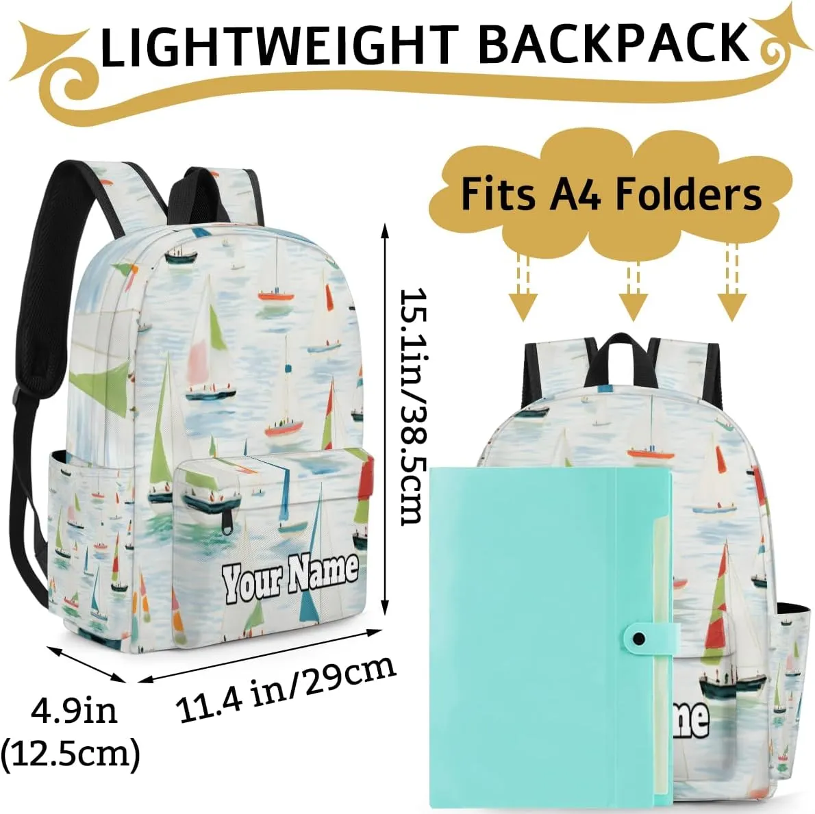 Personalized Nautical Sailboat Preschool Toddler Backpack for Boys Girls Custom Kids Name Small Bookbags Kindergarten Elementary Backpack, Cartoon Sailboat