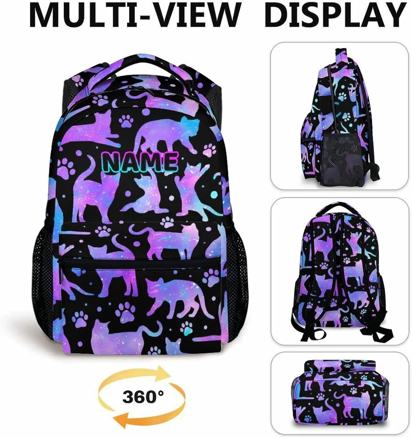 Personalized School Backpack for Girls Boys, 17 Inch Cat Theme Backpack for Kids Age 6-8, Custom Lightweight School Bag for Preschool, Primary, Kindergarten