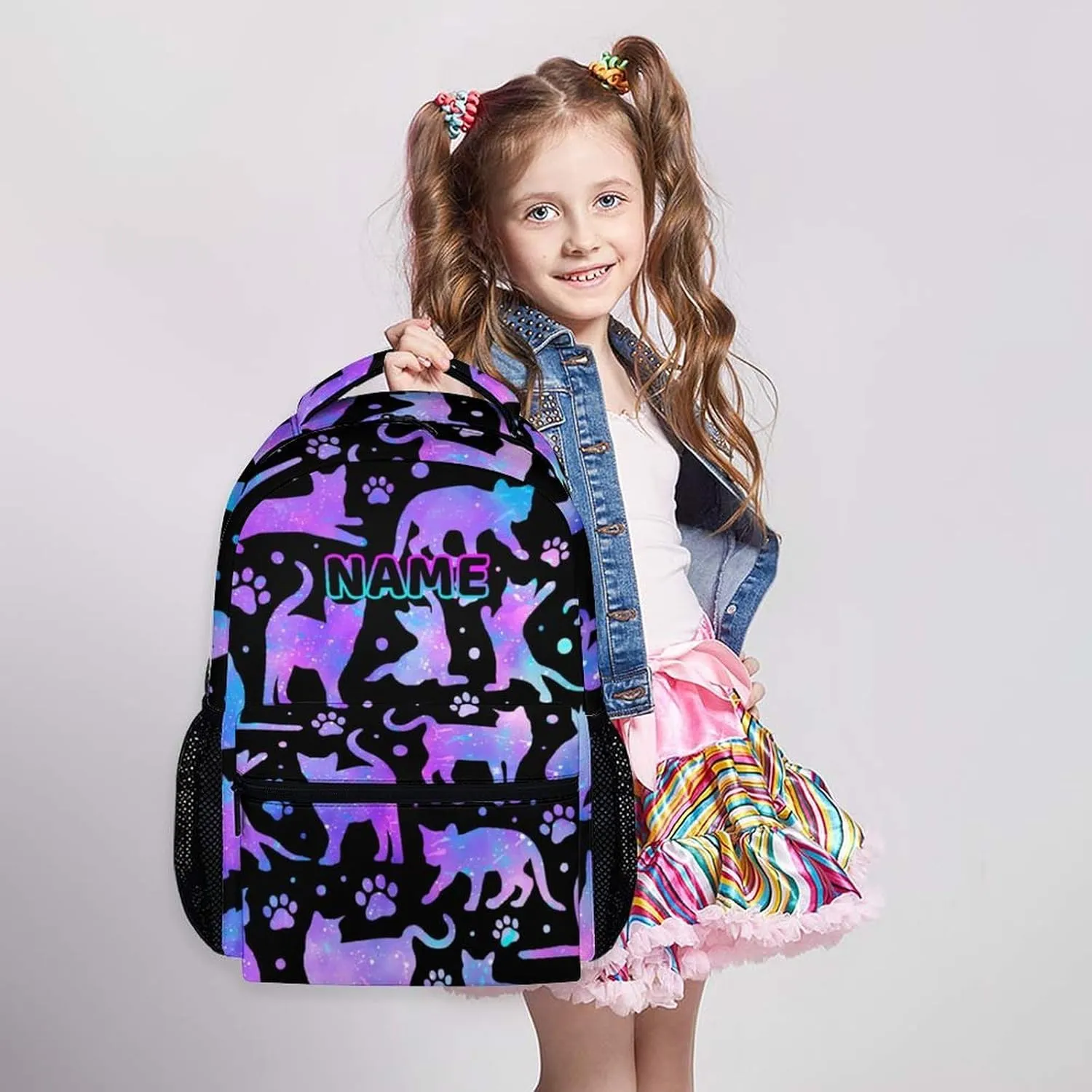 Personalized School Backpack for Girls Boys, 17 Inch Cat Theme Backpack for Kids Age 6-8, Custom Lightweight School Bag for Preschool, Primary, Kindergarten