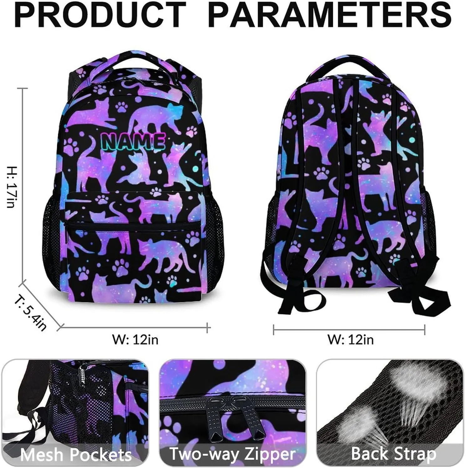 Personalized School Backpack for Girls Boys, 17 Inch Cat Theme Backpack for Kids Age 6-8, Custom Lightweight School Bag for Preschool, Primary, Kindergarten