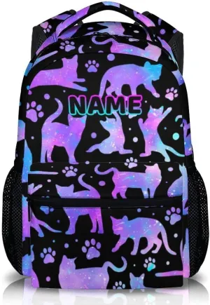 Personalized School Backpack for Girls Boys, 17 Inch Cat Theme Backpack for Kids Age 6-8, Custom Lightweight School Bag for Preschool, Primary, Kindergarten
