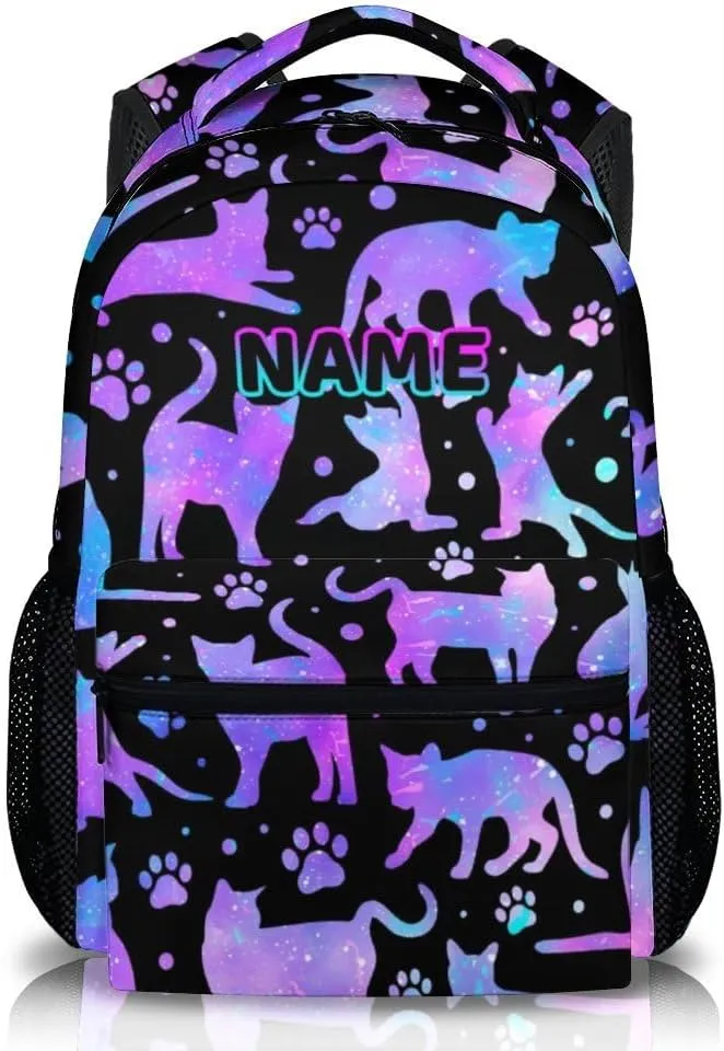 Personalized School Backpack for Girls Boys, 17 Inch Cat Theme Backpack for Kids Age 6-8, Custom Lightweight School Bag for Preschool, Primary, Kindergarten