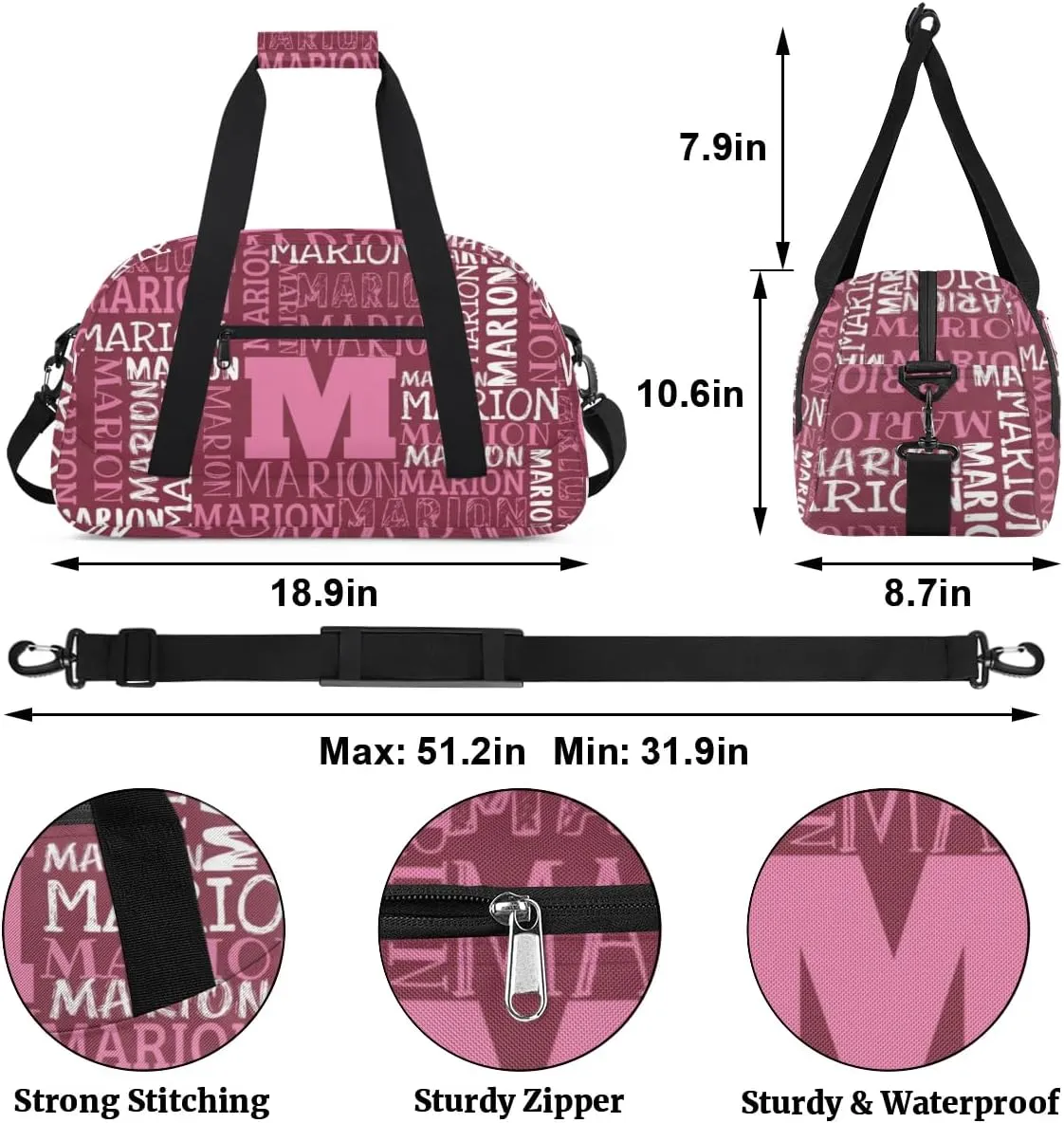 Personalized Sport Gym Bag Duffel Bag for Boys Girls, Custom Name Dance Bag Weekender Bags Travel Duffel Bag Tote Bag for Kids Pink White