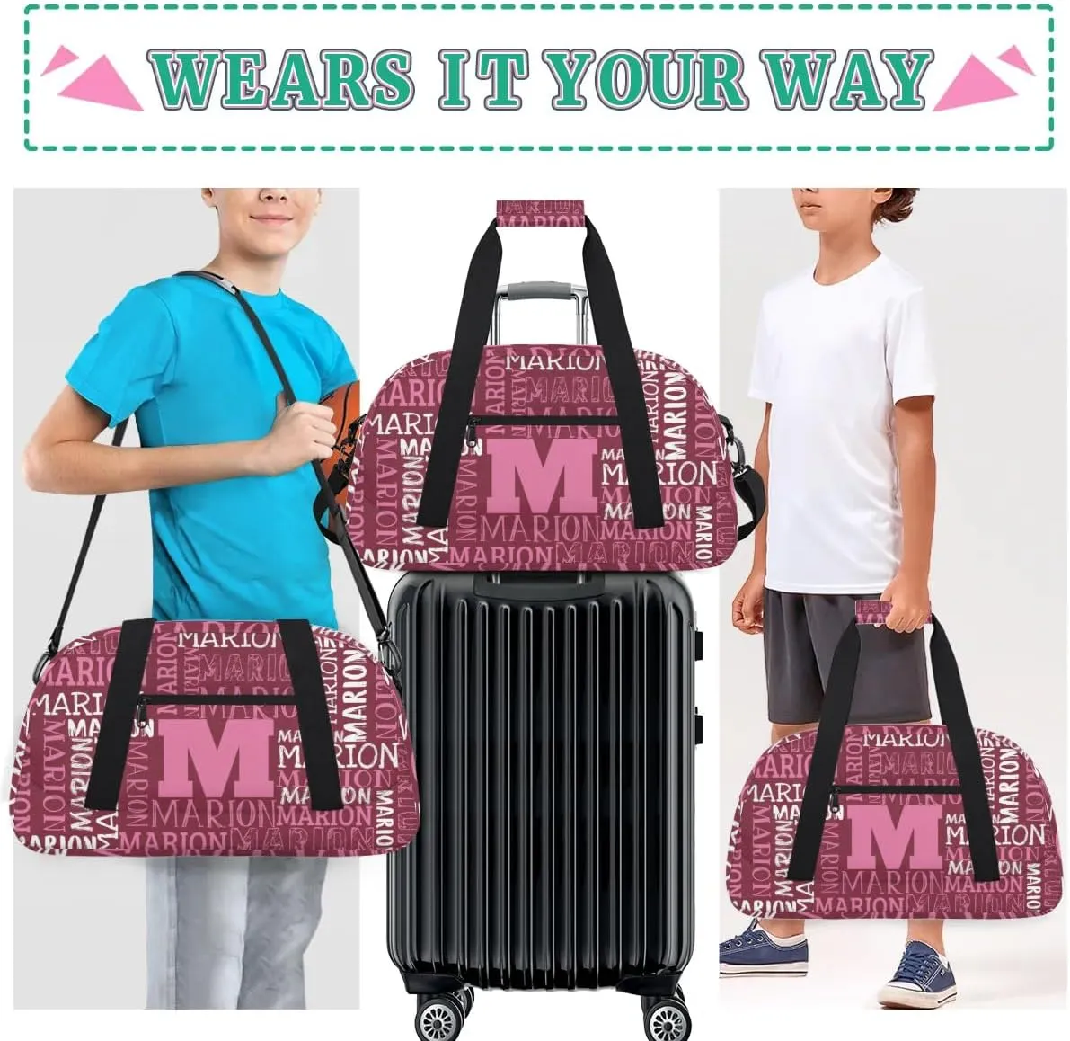 Personalized Sport Gym Bag Duffel Bag for Boys Girls, Custom Name Dance Bag Weekender Bags Travel Duffel Bag Tote Bag for Kids Pink White