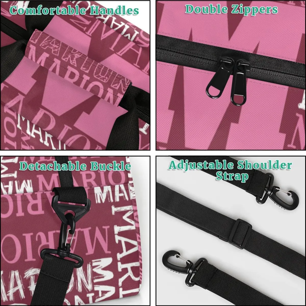 Personalized Sport Gym Bag Duffel Bag for Boys Girls, Custom Name Dance Bag Weekender Bags Travel Duffel Bag Tote Bag for Kids Pink White