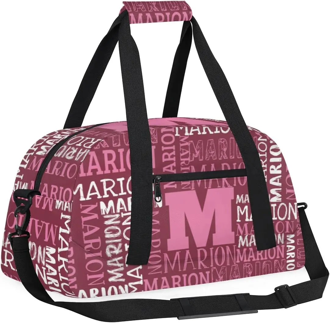Personalized Sport Gym Bag Duffel Bag for Boys Girls, Custom Name Dance Bag Weekender Bags Travel Duffel Bag Tote Bag for Kids Pink White