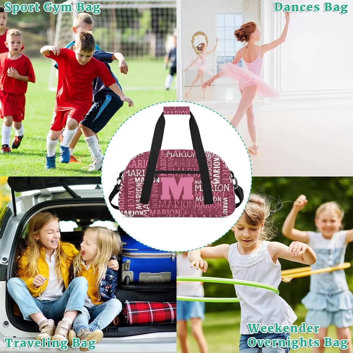 Personalized Sport Gym Bag Duffel Bag for Boys Girls, Custom Name Dance Bag Weekender Bags Travel Duffel Bag Tote Bag for Kids Pink White