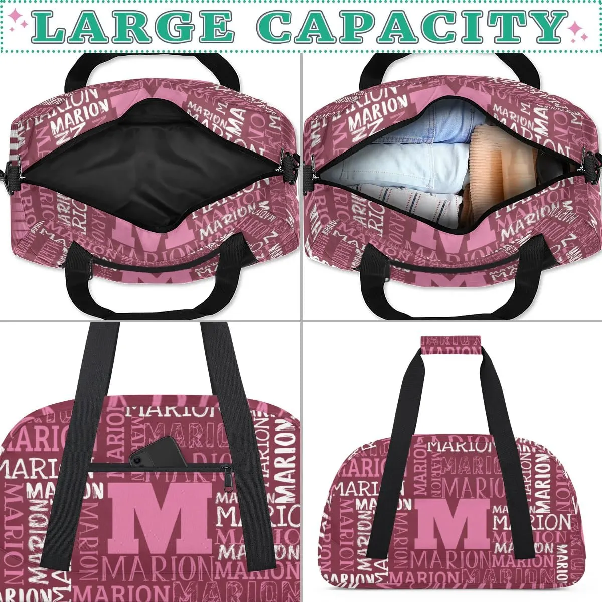 Personalized Sport Gym Bag Duffel Bag for Boys Girls, Custom Name Dance Bag Weekender Bags Travel Duffel Bag Tote Bag for Kids Pink White