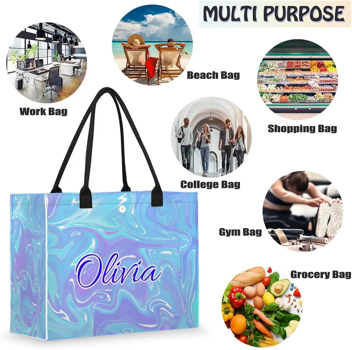 Personalized Women Casual Tote Bag Name, Customized Large Capacity Beach Shoulder Shopping Bag for Travel Daily Work