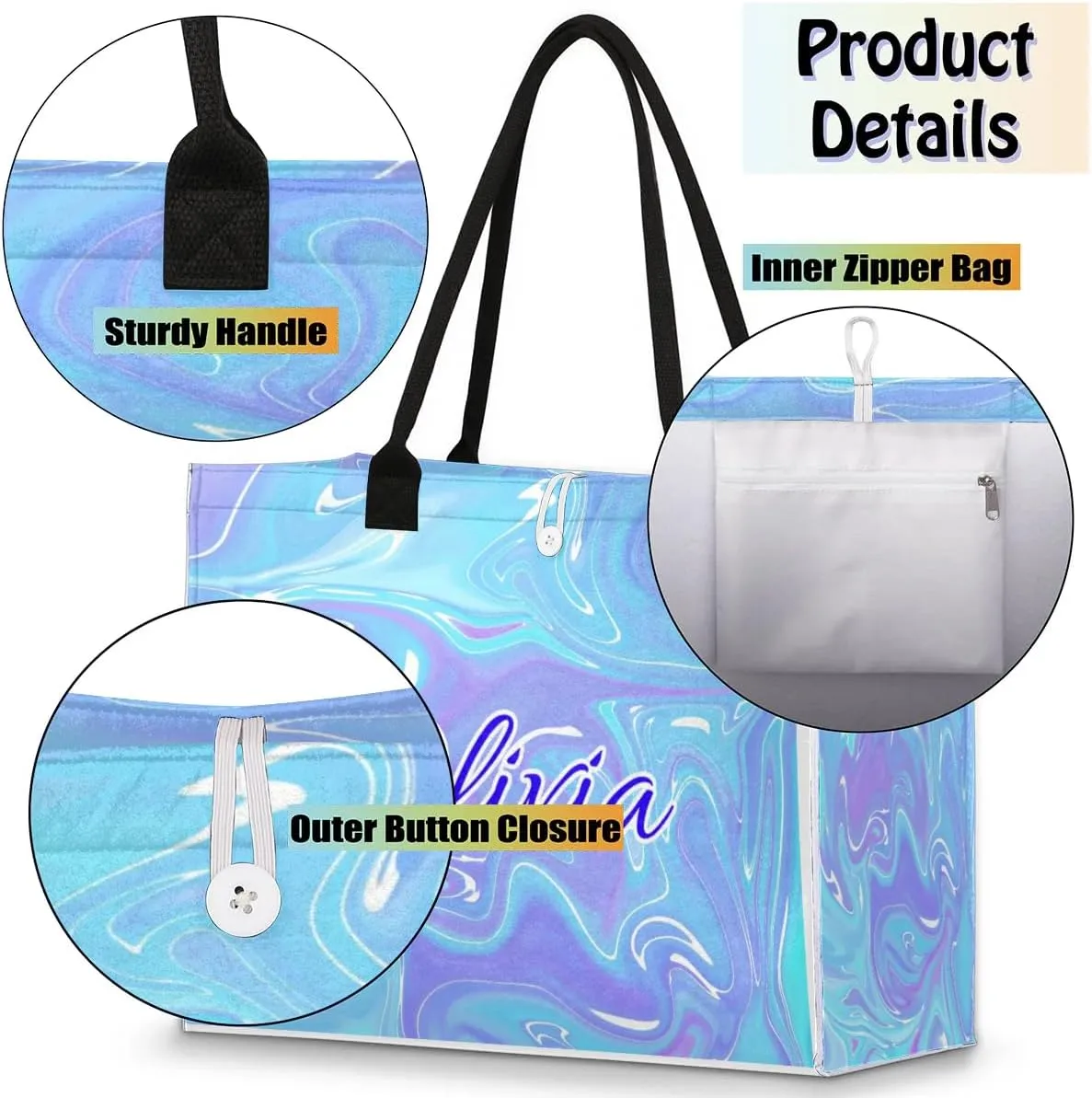 Personalized Women Casual Tote Bag Name, Customized Large Capacity Beach Shoulder Shopping Bag for Travel Daily Work