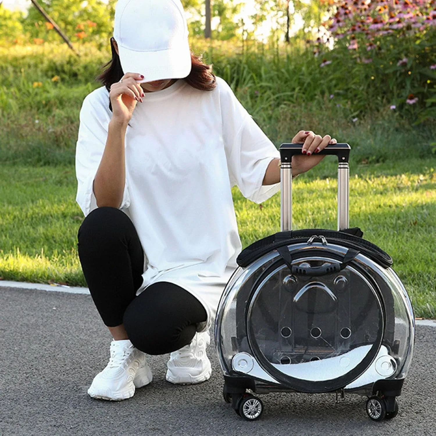Pet Trolley Case with Ventilation Holes, Pet Carrier,Pet Rolling Carrier,Clear Window Pet Trolley Case,Pet Strollers for Small Dogs,Cat Carrier with Silent Wheels Telescopic for Travel Black
