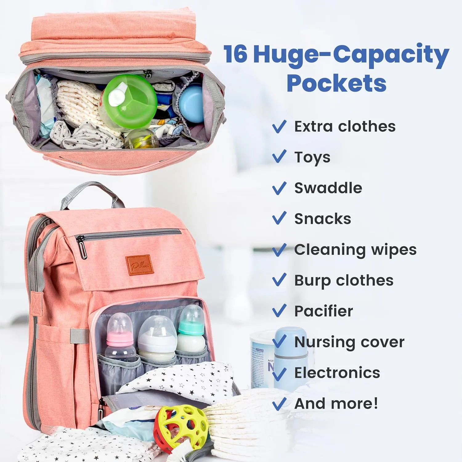 PILLANI Baby Diaper Bag Backpack - Baby Bags for Girls - Diaper Backpack - Large Pink Diaper Bags for Baby Girl w/Changing Pad - Baby Gifts for Girls, Baby Girl Gifts, Newborn Essentials Stuff for Mom