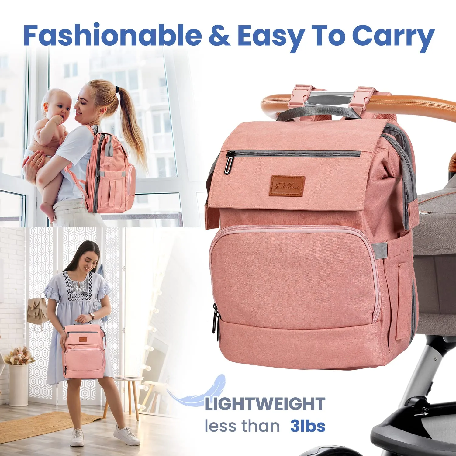 PILLANI Baby Diaper Bag Backpack - Baby Bags for Girls - Diaper Backpack - Large Pink Diaper Bags for Baby Girl w/Changing Pad - Baby Gifts for Girls, Baby Girl Gifts, Newborn Essentials Stuff for Mom