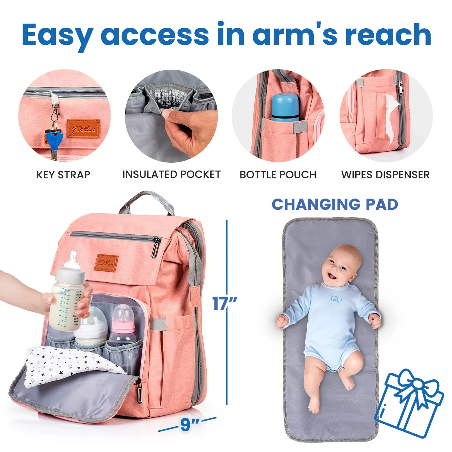 PILLANI Baby Diaper Bag Backpack - Baby Bags for Girls - Diaper Backpack - Large Pink Diaper Bags for Baby Girl w/Changing Pad - Baby Gifts for Girls, Baby Girl Gifts, Newborn Essentials Stuff for Mom