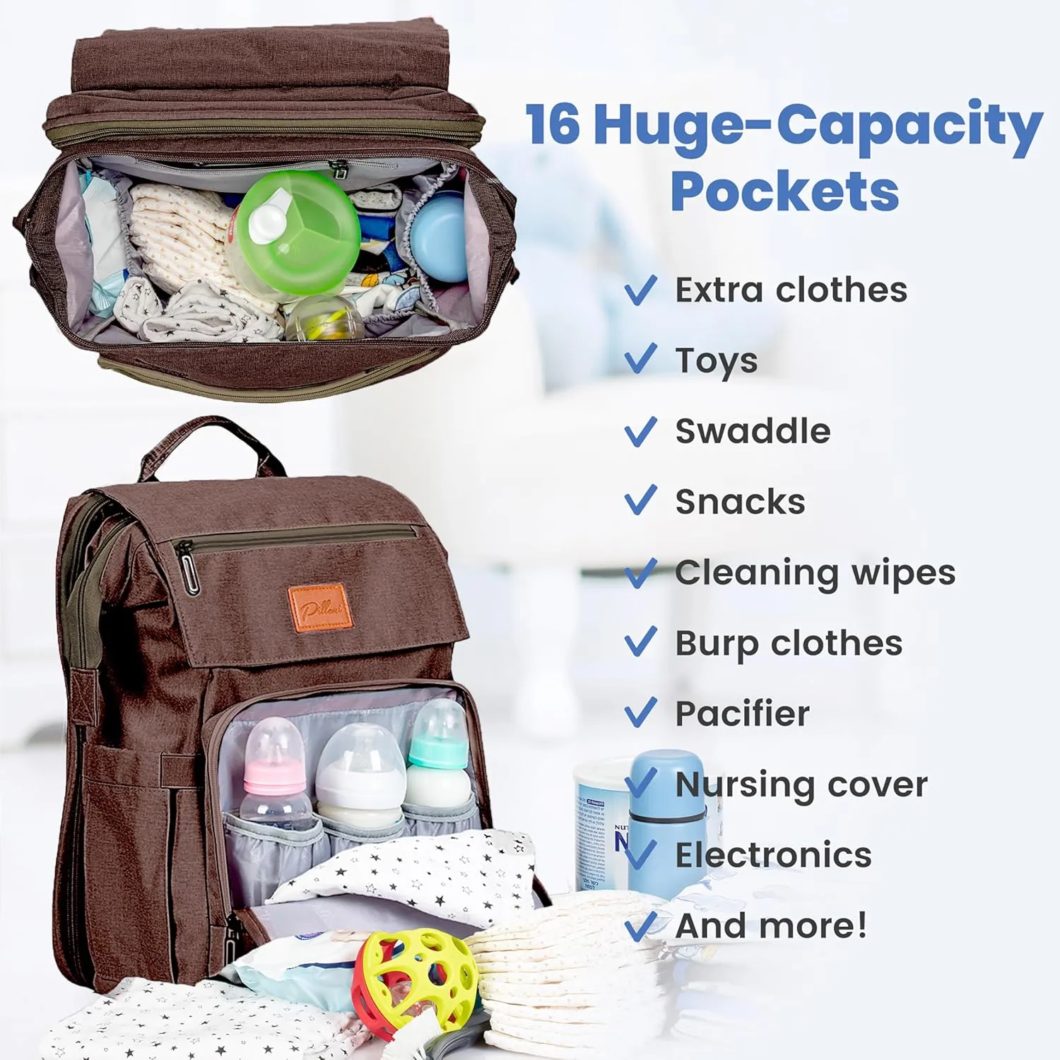 PILLANI Baby Diaper Bag Backpack - Diaper Backpack - Large Bag for Boys & Girls - Waterproof Travel Diaper Bags with Changing Pad - Baby Registry Search & Shower Gifts - Newborn Essentials Must Haves